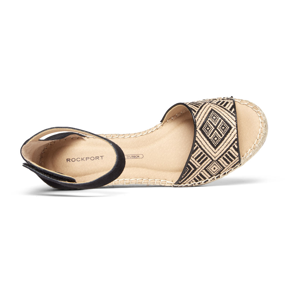 Rockport Singapore Womens Sandals - Marah Woven Ankle Strap Beige/Black - QI0671348